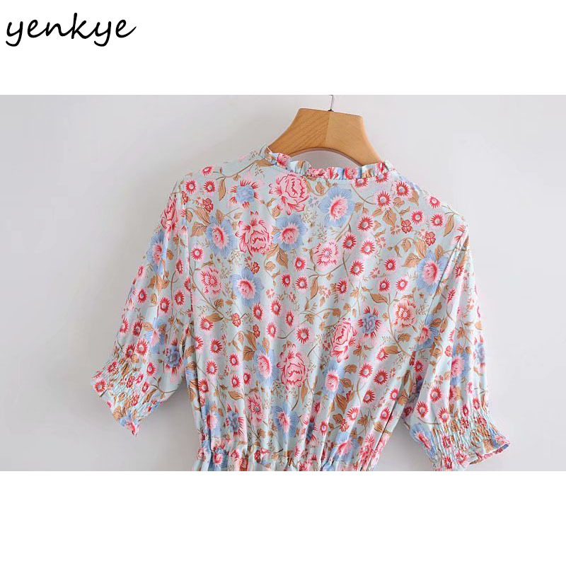 YENKYE Vintage Floral Print Boho Long Dress Women Lace Up V Neck Drawstring Waist A-line Casual Holiday Summer Dress Plus Size 210515