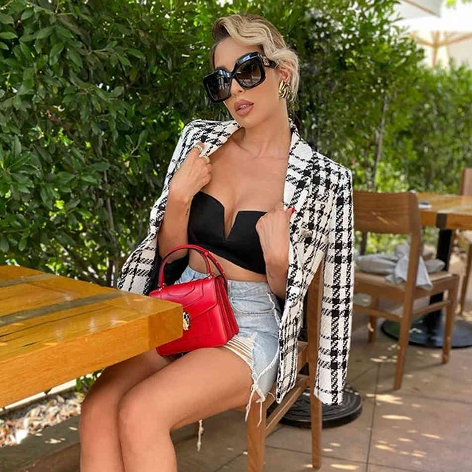 Free Ladies Tweed Jacket Fashion Office Black and White Houndstooth Women Autumn Retro Plaid 210524