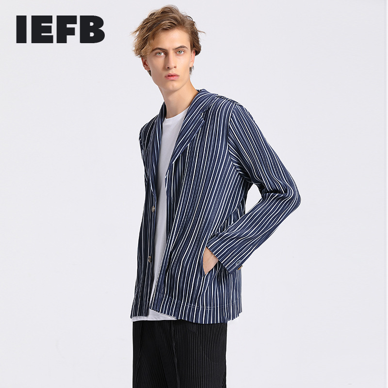 IEFB Men's Business Casual Men's Striped Pleated Blazer Loose Notched Collar Suit Coat Men's Professional Wear 9Y6724 210524