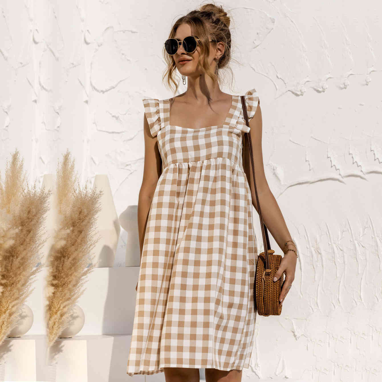 Women plaid dress Summer Square Neck A-line Butterfly Sleeves Plaid Ruffles Pullover Dress female lovely girls 210524