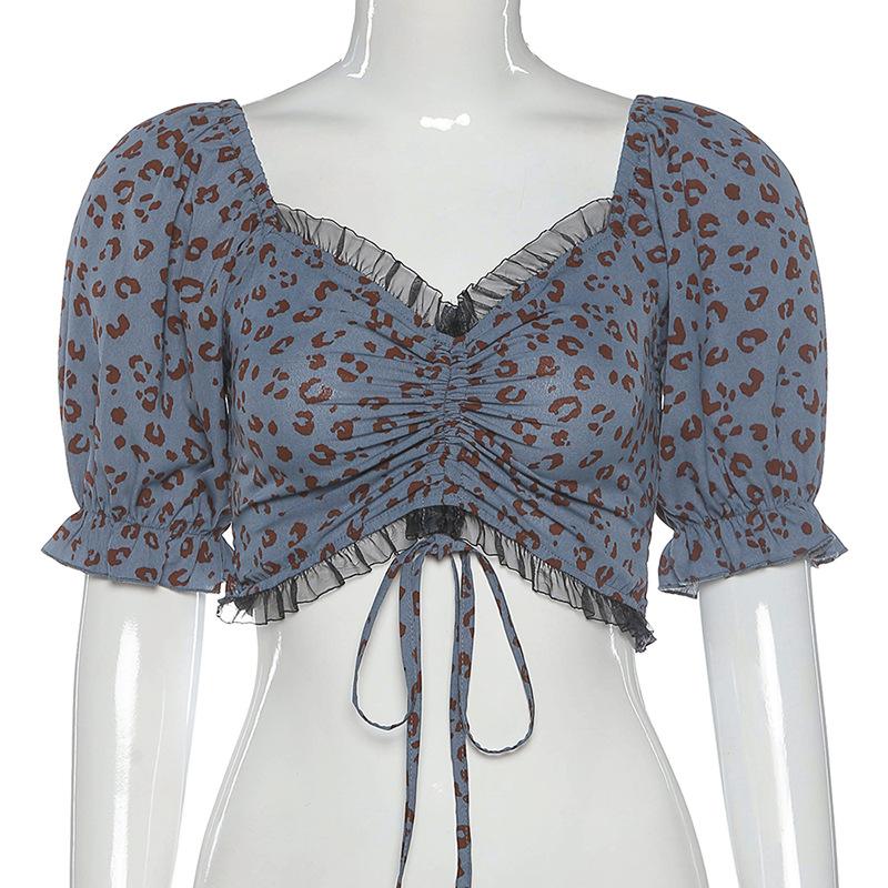 Two Piece Set Women Summer Outfits Bandage Mesh Short Sleeve Crop Top Leopard Blue And Skirt Club 2 Matching Sets Trendy Dress