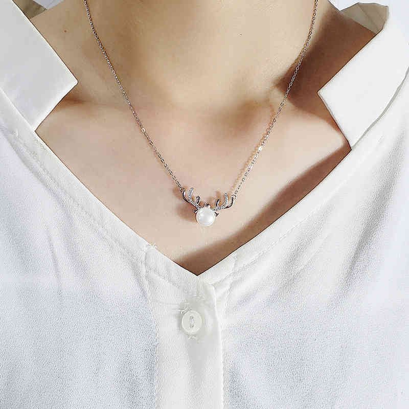 Xd169 Gift S925 Silver Elk Freshwater Pearl Necklace Fashion Simple Korean Chain