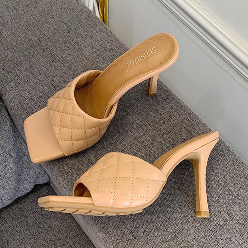 Slippers 2021 Summer Luxury Designer Women Purple Blue Red High Heels Slide Sexy Plaid Mules Open Toe Lady Party Shoes