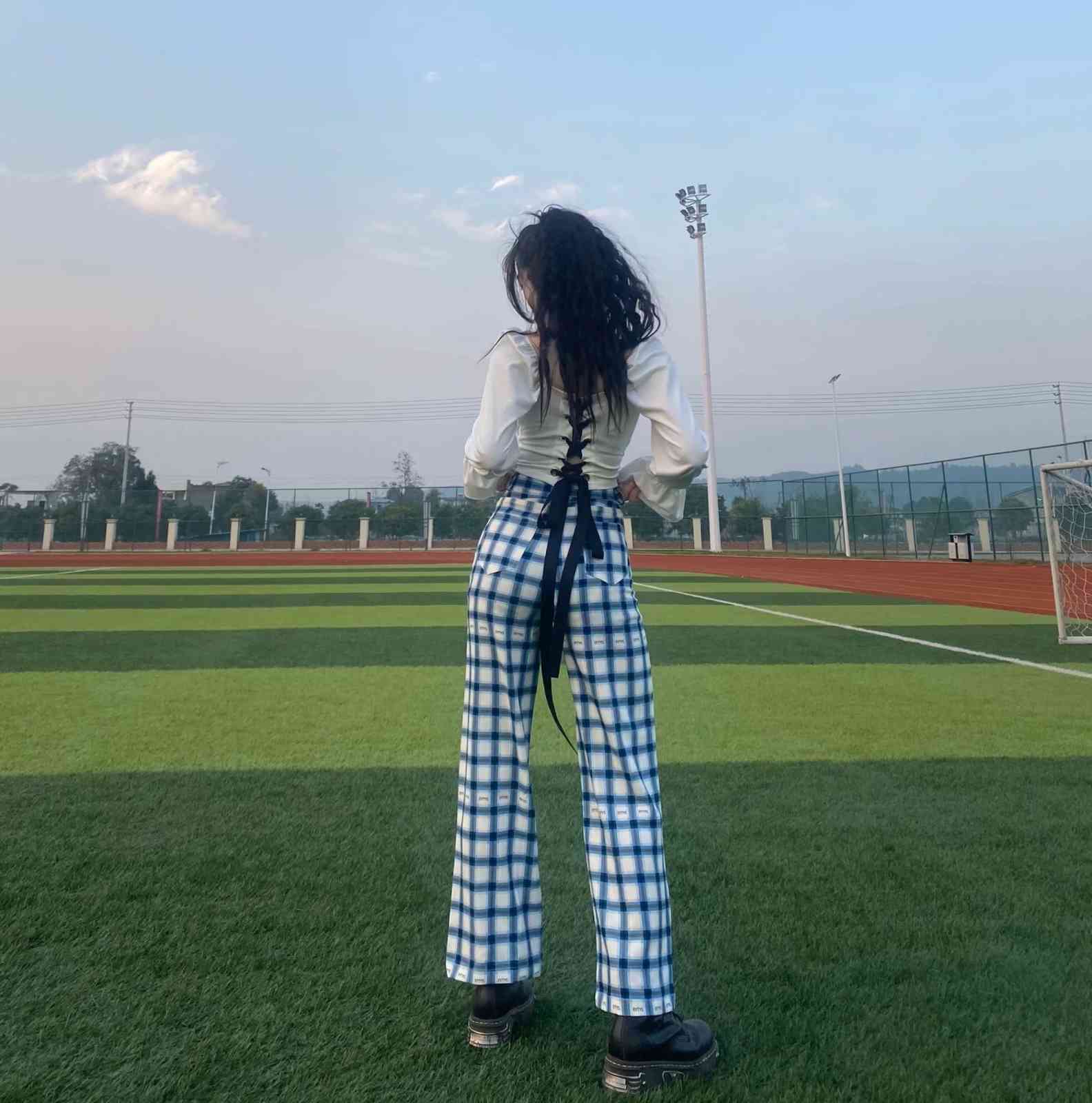 Wonder Korean Plaid Long Pants Vintage High Waist Casual Street Retro Trousers Female Straight 210510