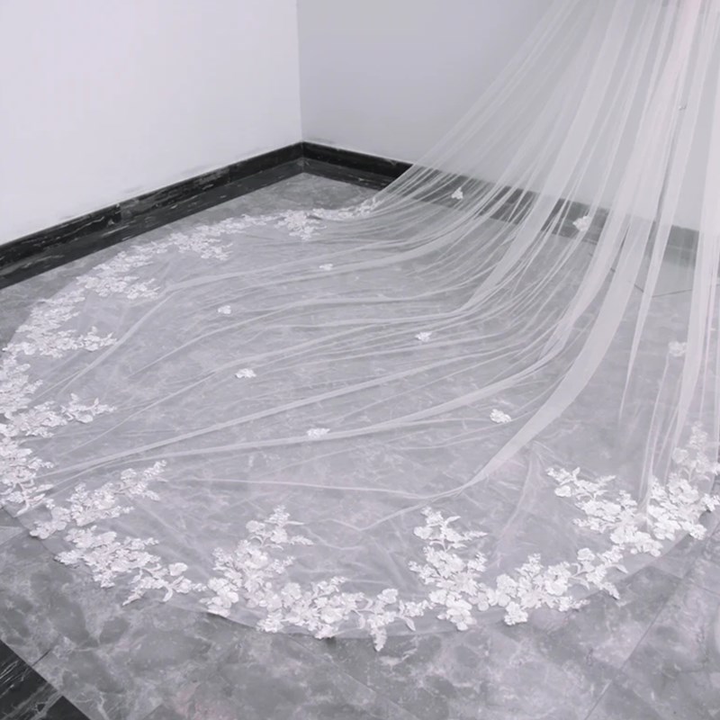 Top Quality Best Sale Cheap Romantic White Ivory Mantilla veil Cathedral Length Lace Edge veils For Wedding Dresses