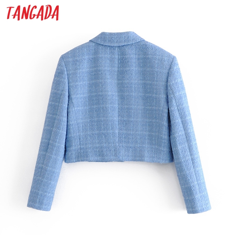 Women Blue Tweed Crop Female Long Sleeve Elegant Jacket Ladies Blazer Suits 3H73 210416