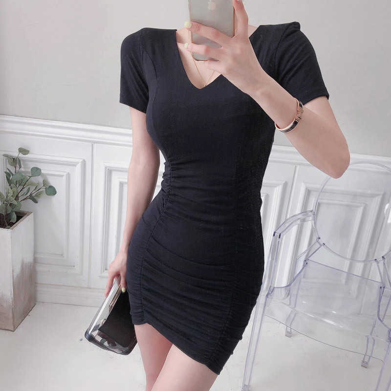 WOMENGAGA summer Korean elegant Sheath V-neck slim pleated fashion bag hip knitted T-shirt dress mini dresses pink Z6S4 210603