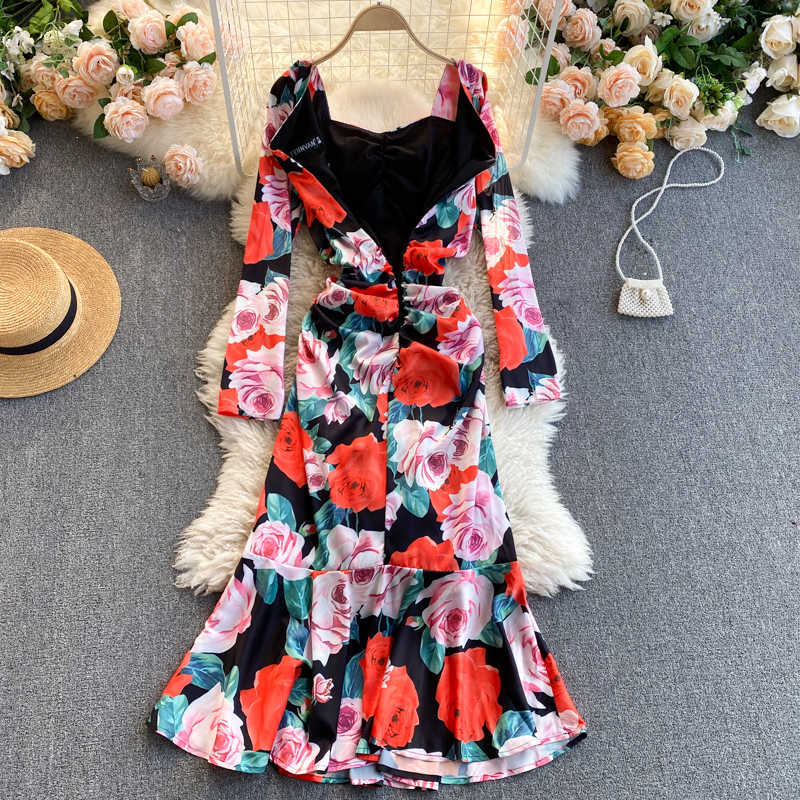 DEAT Spring Arrivals Print Square Collar Long Sleeve High Waist Pleated Slim A-line Long Dress MZ529 210709