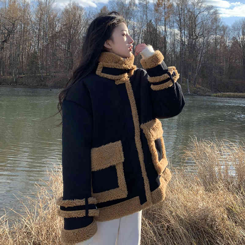 autumn and winter korean style lamb wool patchwork warm coats and jackets womens short coats (C08823) 210423