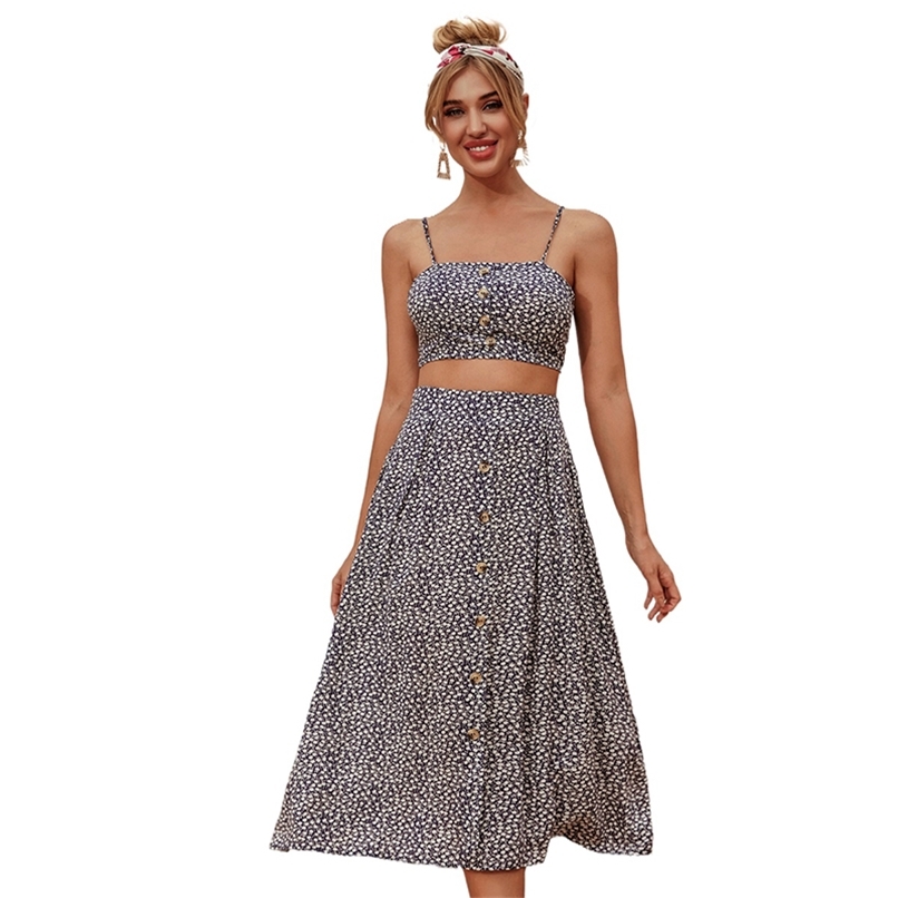 Fashion women' skirt suit summer retro style printed two-piece sling strapless top + high waist A-line 210520, Blue
Fashion women' skirt suit summer retro style printed two-piece sling strapless top + high waist A-line 210520, Blue