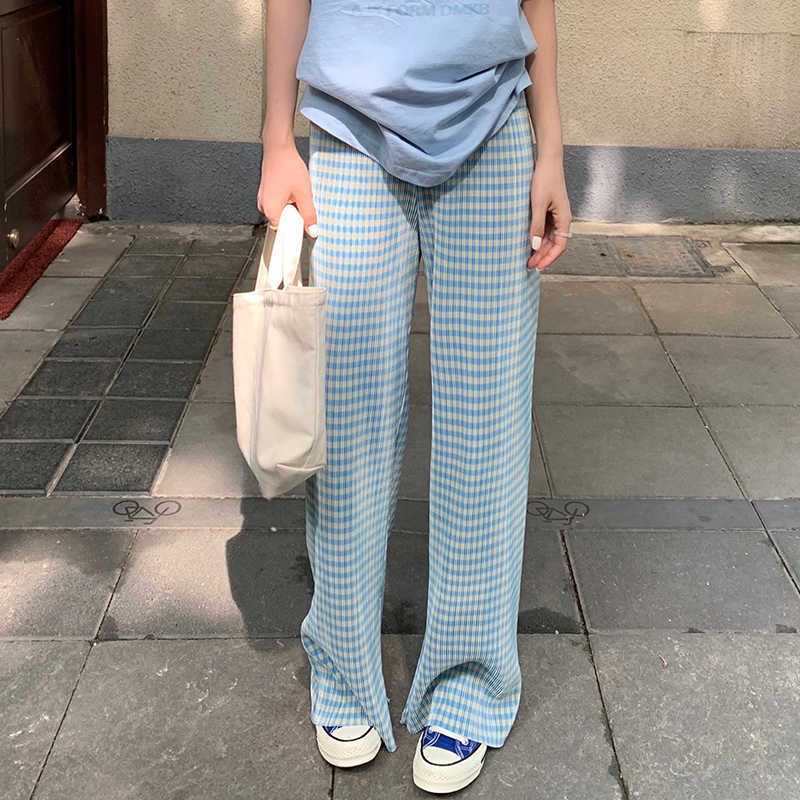 HziriP Blue Plaid Slit High Waist Draping Thin Loose Women Chic Fashion All-Match Straight Pleated Casual Mopping Pants 211115
