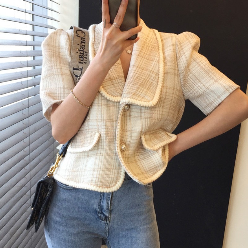 Temperament Ladies Korea Style Plaid Tweed Women Short Sleeve Jacket Spring Elegant Female Fashion Casual Chic Cardigan Top 210519