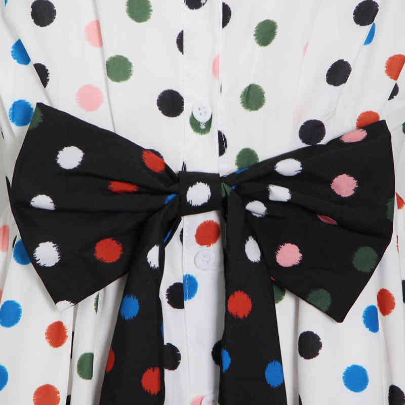 Dot Print Patchwork Bowknot Dress For Women Lapel Short Sleeve High Waist Casual Midi Dresses Female Fashion Summer 210520