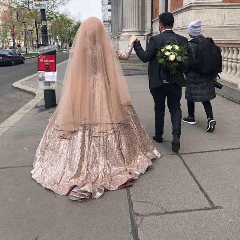 Gold Arabic Rose Sequine Plus Size Muslim High Neck Sleeve Dubai Long Bridal Wedding Dress Vestido De Novia Custom Made