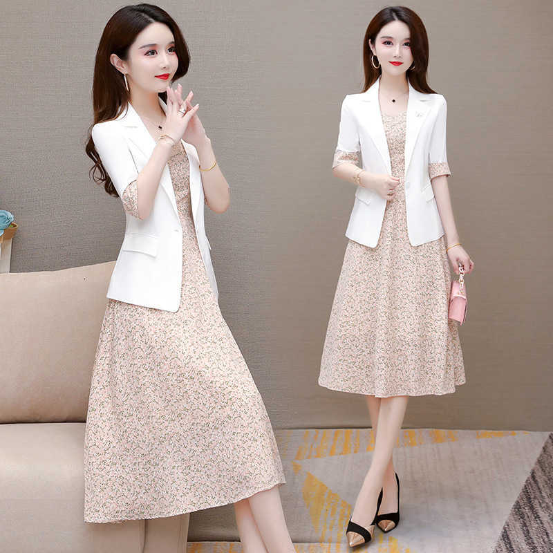 Drs Suit Women's Summer 2021 Fashion Temperament Blazer Coat Floral Suspender Skirt Two Piece Set