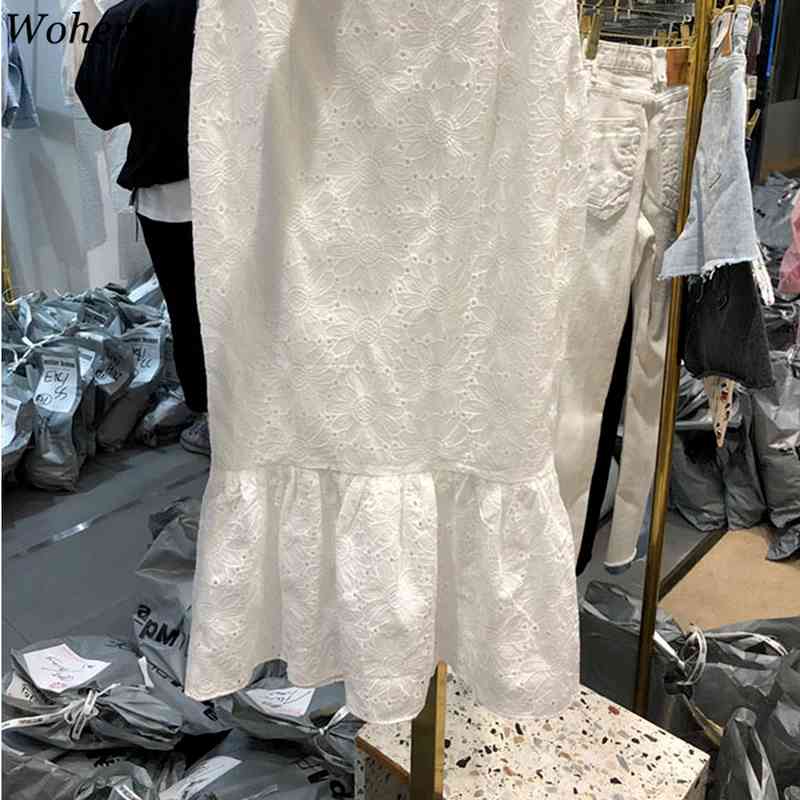 Korean Chic Suit Puff Short Sleeve Lace White Crop Tops High Waist Slim Bodycon Skirt Femme Roupas Two-piece Sets Women 210519
