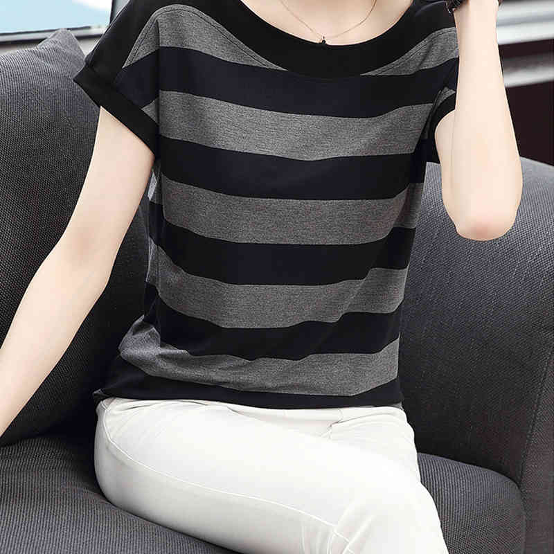 Cotton Black Striped Women Summer Loose T-Shirts Female Plus Size Short Sleeve Casual O-Neck Modal T Shirt Ladies Soft Tops 210406