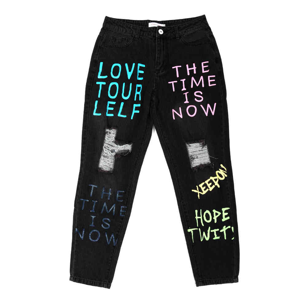 Autumn Winter Jeans Woman Letter Graffiti Offset Printing Distressed Denim Pants For Ladies Tight High-waist Nine Bottoming Jean 201030