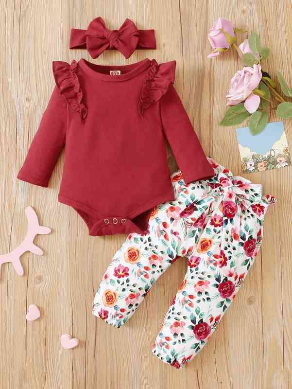 Baby Ruffle Trim Bodysuit & Floral Print Paper Bag Waist Belted Pants With Headband SHE