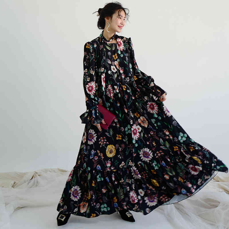 Spring Autumn Women Vintage Loose High Waist Slim Was Thin Elegant Flowers Big Swing Maxi Dress 210427