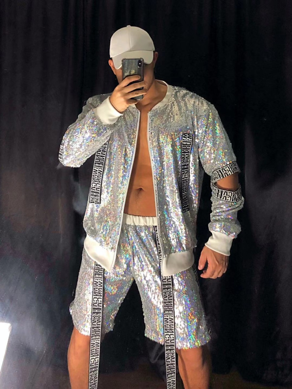 Men's Loose Silver Two-piece Set Hip Hop Dance Stage Wear Fashion Hollow Out Shiny Sequins Jacket Pants Baseball Suit Nightclub Tide Jazz Rock Pe