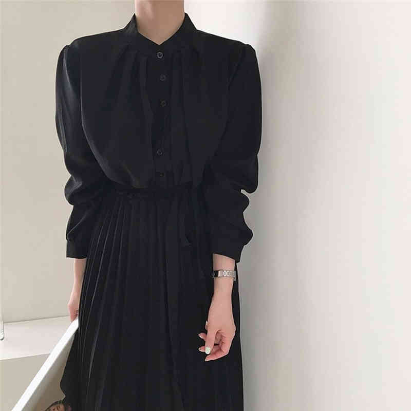 Fashion Chic Stand Waist-Controlled Slim Brief Autumn Pleated Solid Elegance A-Line High Waist Women Long Dresses 210421