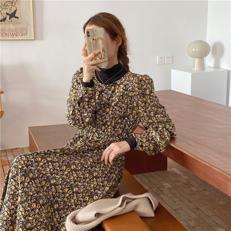 Spring Autumn Women Ladies Sleeve Boho All-Match O Neck Floral Print Robe Medium Long T-Shirt Dress T0D24C 210416