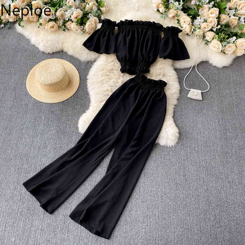 Neploe 2 Piece Outfits Women Slash Neck Ruffles Shirt Crop Tops High Wasit Wide Leg Pans Femme Roupas Two Piece Set Chic Suit 210422