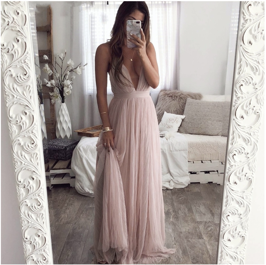 Sexy Deep V Neck Evening Dress Summer Backless Pink Elegant Lace Evening Maxi Dress Holiday Long Party Dresses Ladies 2021