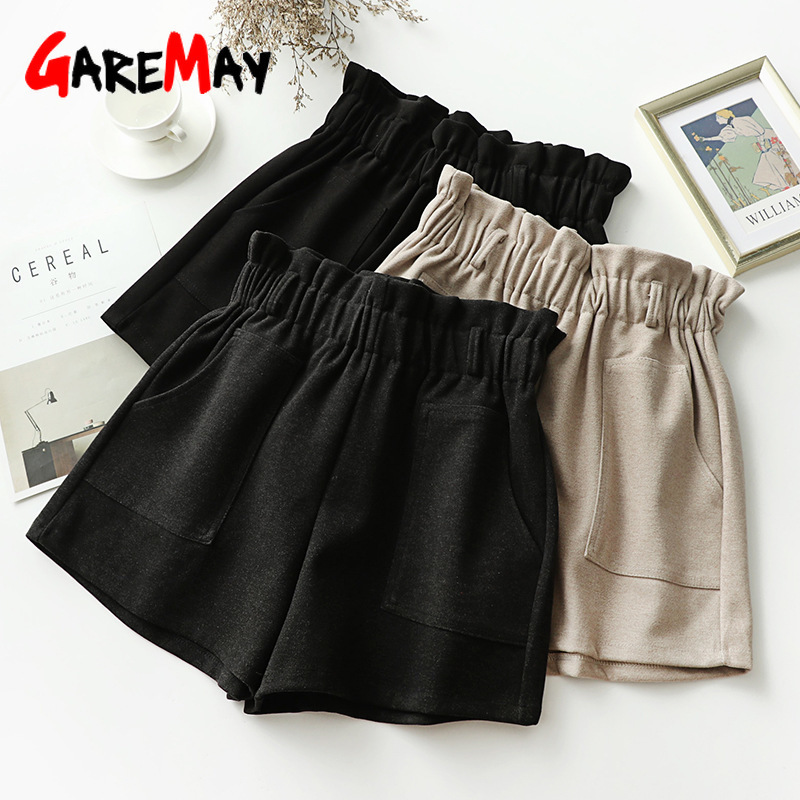 Autumn Winter High Waist Cotton Shorts with Belt Korean Style Women's Wide Leg A-line Woolen Thick Warm Boots 210428