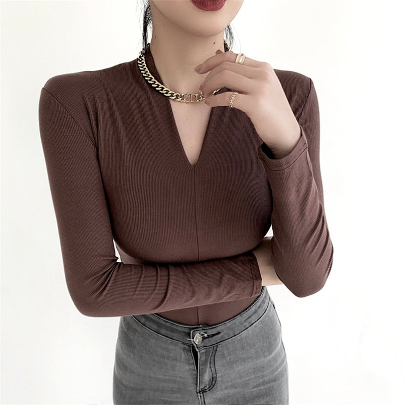 Spring Full Sleeves Chic V-Neck Sexy Solid Women All Match Basic Office Lady Tops Brief T-shirt 210421