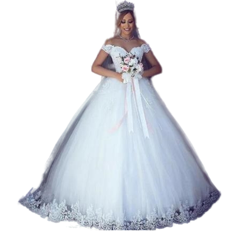 Arabic Dubai White Ivory A Line Wedding Dresses Bridal Gowns Lace Appliques Full Length Off Shoulder Plus Size Bride Dress Custom Made Spring Summer V