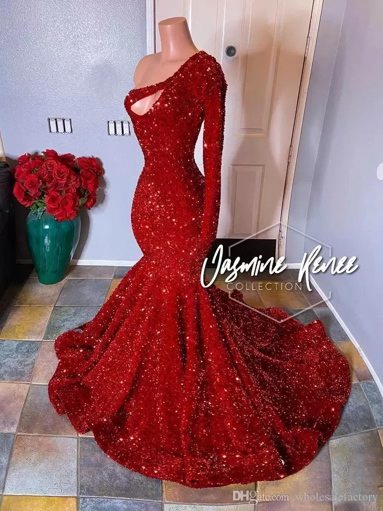 NEW Red One Shoulder Sequins Mermaid Long Prom Dresses Long Sleeve Ruched Evening Gown Plus Size Formal Party Wear Gowns CG001