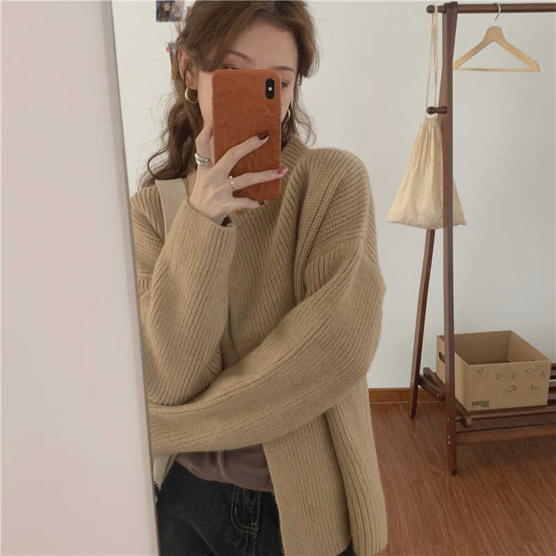 Qooth Winter Cardigan Casual Women Full Sleeve Knitting Cotton Outwear Loose Plain Color Lady Clothes Coats QT288 210609
