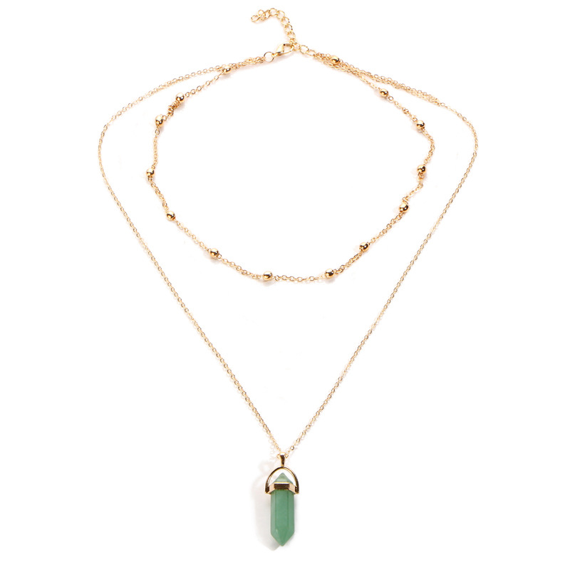 Natural Stones Beads Necklace Women Crystals Quartz Chakra Bullet Hexagonal Prism Point Healing Pendant Necklaces Fashion Double Layer Gold Link Chain