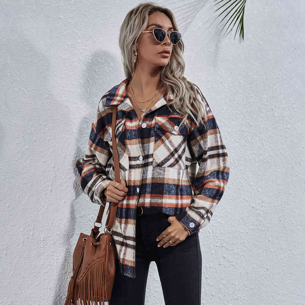Autumn Winter Shirt Women Fashion New Loose Casual Ladies Plaid Checked Button Up Turn-down Collared Tops And Bloues Jacket 210415