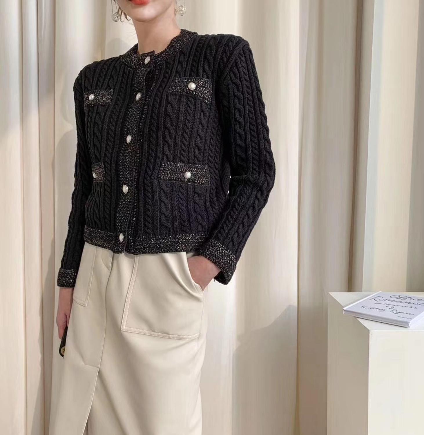 Autumn Winter twist Knitted Sweater Tops Women Office OL Elegant Long Sleeve Pearl Button casual Slim Cardigan Coat 210519