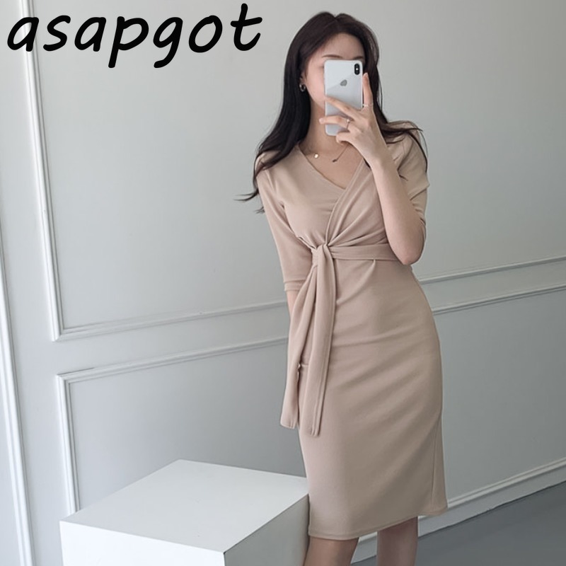 Korean Chic Gentle Elegant Slim V Neck Cross Side Lace Up Waist Bodycon Short Sleeve Knitted Dress Women Wrap Hip Vestido 210429