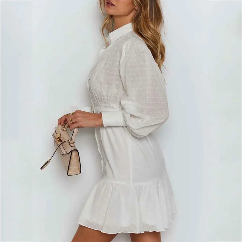 Polka Dot Dobby White Long Sleeve Dress Shirt Women Button Sash Transparent Short Dress Casual Spring Autumn Vintage Dress 210415