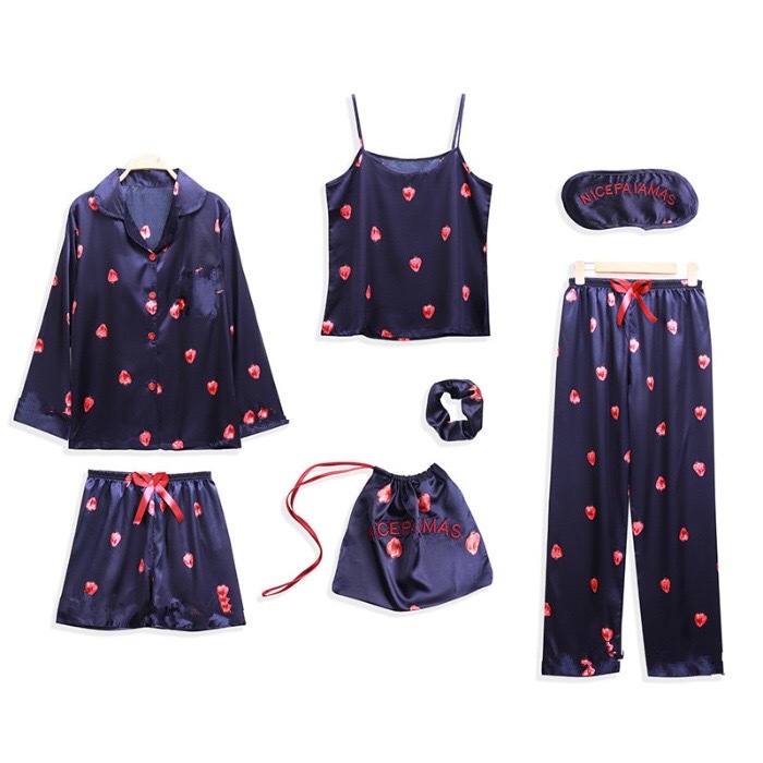 CHIC Fruit Floral Print Shirt Pajama Suits Elastic Waist Wide Leg Shorts Pants Women Loose Long Sleeve Blouse Tops 7 Pieces Set 210429