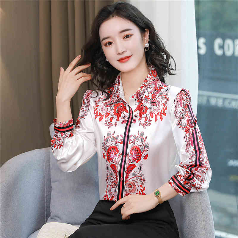 Womens Tops Silk Button Up Shirt Spring Satin Printed Long Sleeve Top Women Blouse and Tops 210512