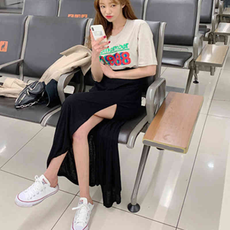 Skirts Women Korean Chic Slim Sexy High Waist Black Split Skirt Pleated Temperament Summer Fashion Faldas Mujer Moda Elegant 210429