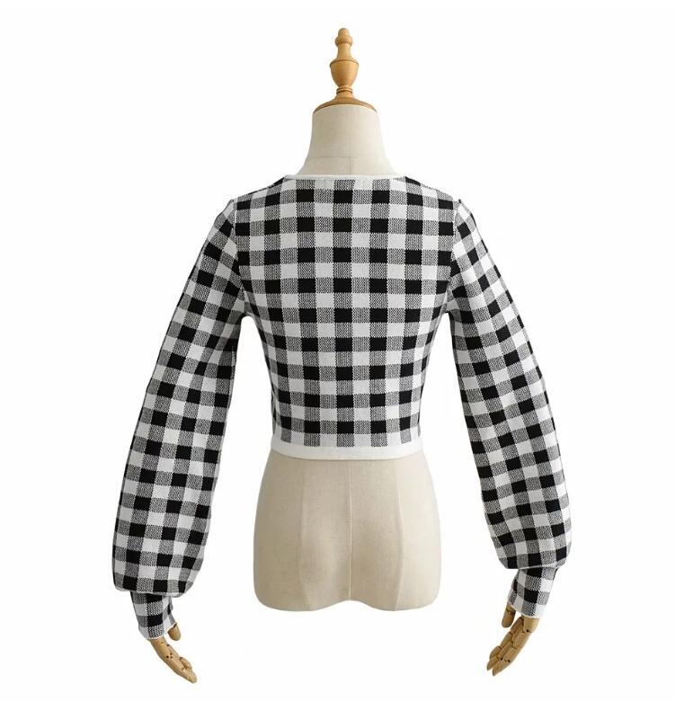 CHIC French Check Plaid Knitted Crop Cardigan Sweater Retro Woman V neck Long Lantern Sleeve Gingham Jumper Short Knitwear 210429