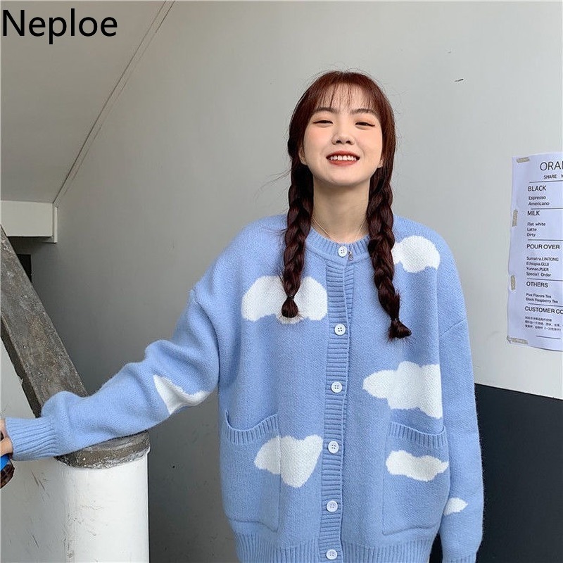 Neploe Korean Sweet Cardigan Fall Women Clothes Knitted Sweaters Cute Sweater O-neck Loose Oversized Outwear Sueter Coats 210422