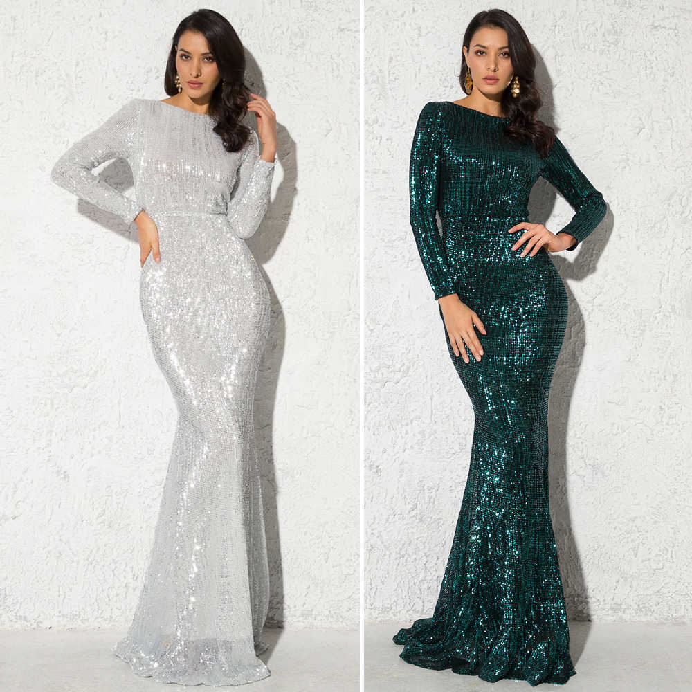 Elegant O Neck Long Sleeve Sequin Maxi Dress Floor Length Stretchy Bodycon Party Gold Green Burgundy Black 210623
