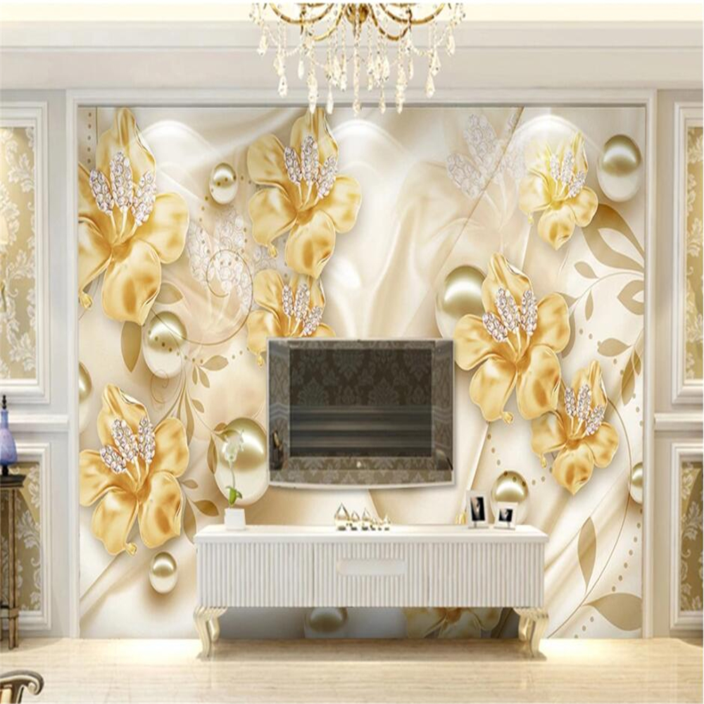 Customized large murals fashion home decoration gold jewelry flowers 3D beautiful TV background wall wallpaper