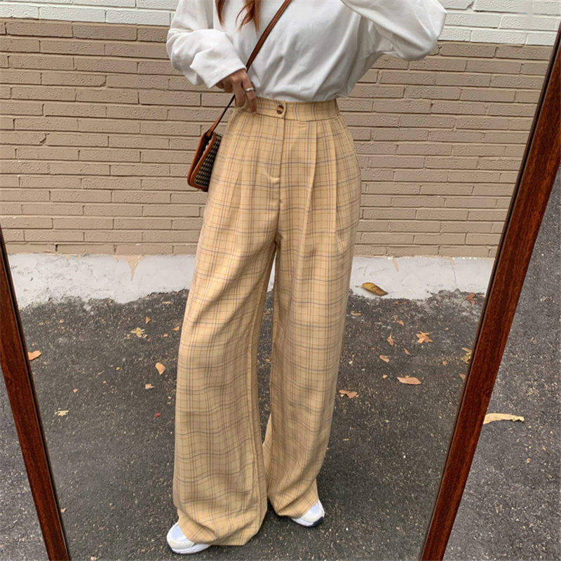 Korean Plaid Straight Casual Geometric Trousers Elegant Leisure Women Slim Brief Stretwear Loose Female Pants 210421