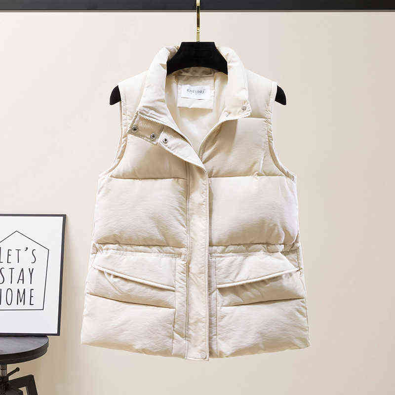 Solid Short Style Vest for Women Cotton Padded Women's Winter Sleeveless Jacket with Zipper Stand Collar Casual Coats 211105