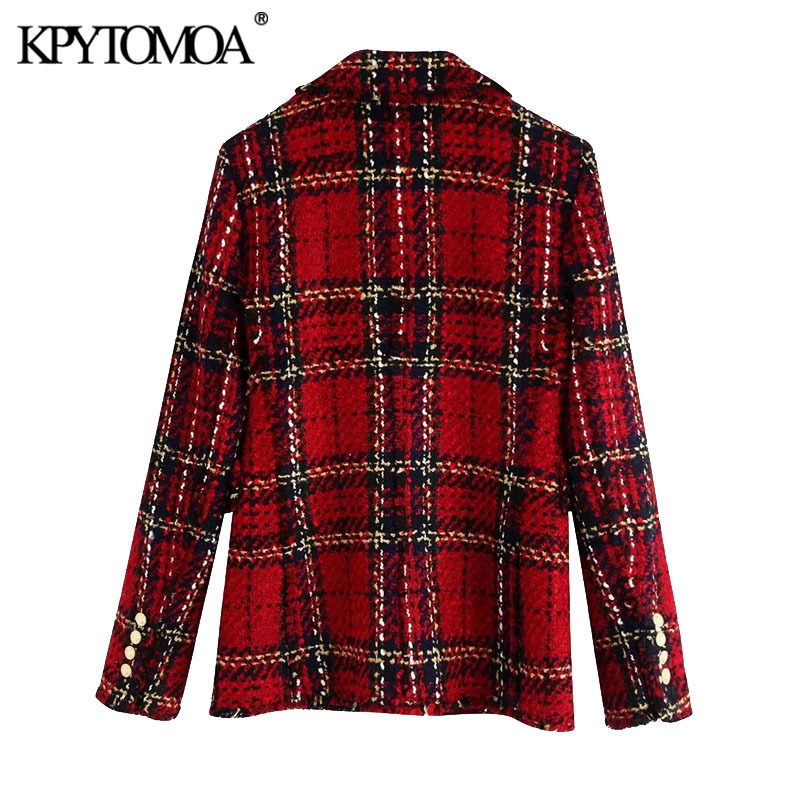 Women Fashion Double Breasted Tweed Check Blazer Coat Long Sleeve Frayed Tassel Female Outwear Chic Tops 210420
