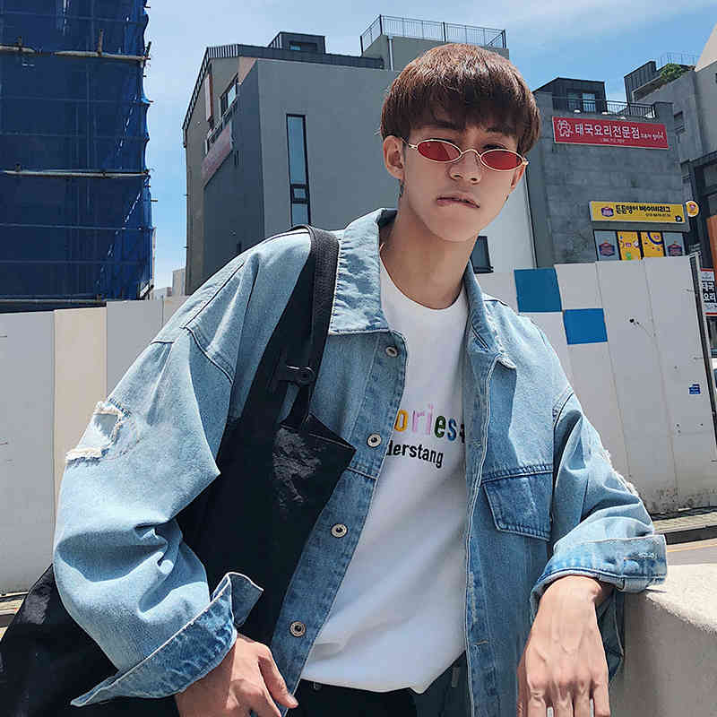 IEFB /men's wear spring Arrival Long Sleeve Loose Denim Jacket Causal Single Breasted streetwaer oversize coat HD523 210524